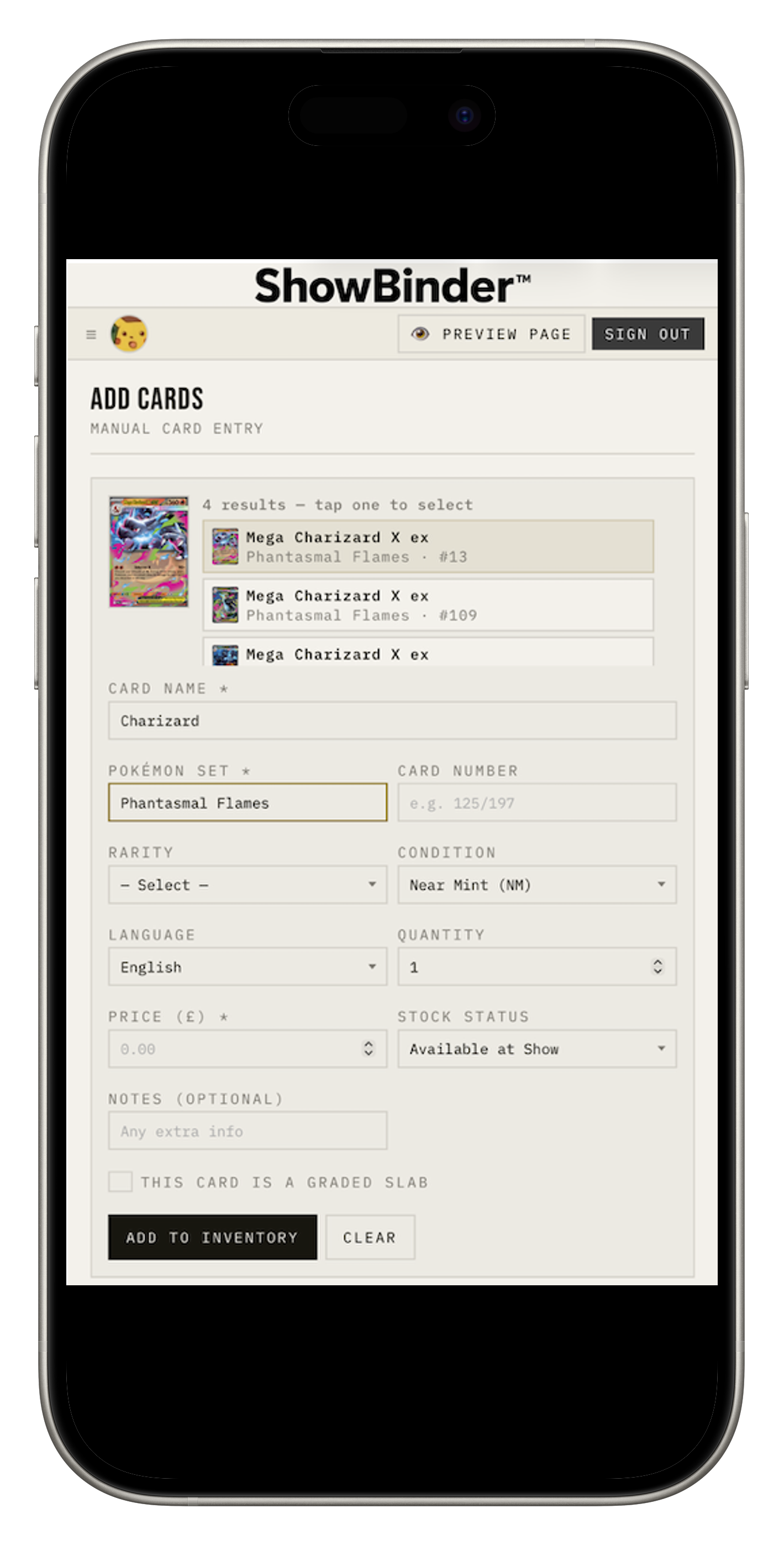 Vendor dashboard — add card form